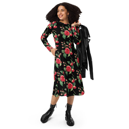 Vestido midi con manga larga rosas